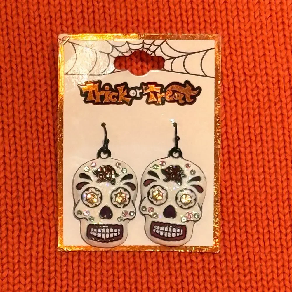 Trick or Treat Sugar Skull Rhinestone Dangle Earrings NWT